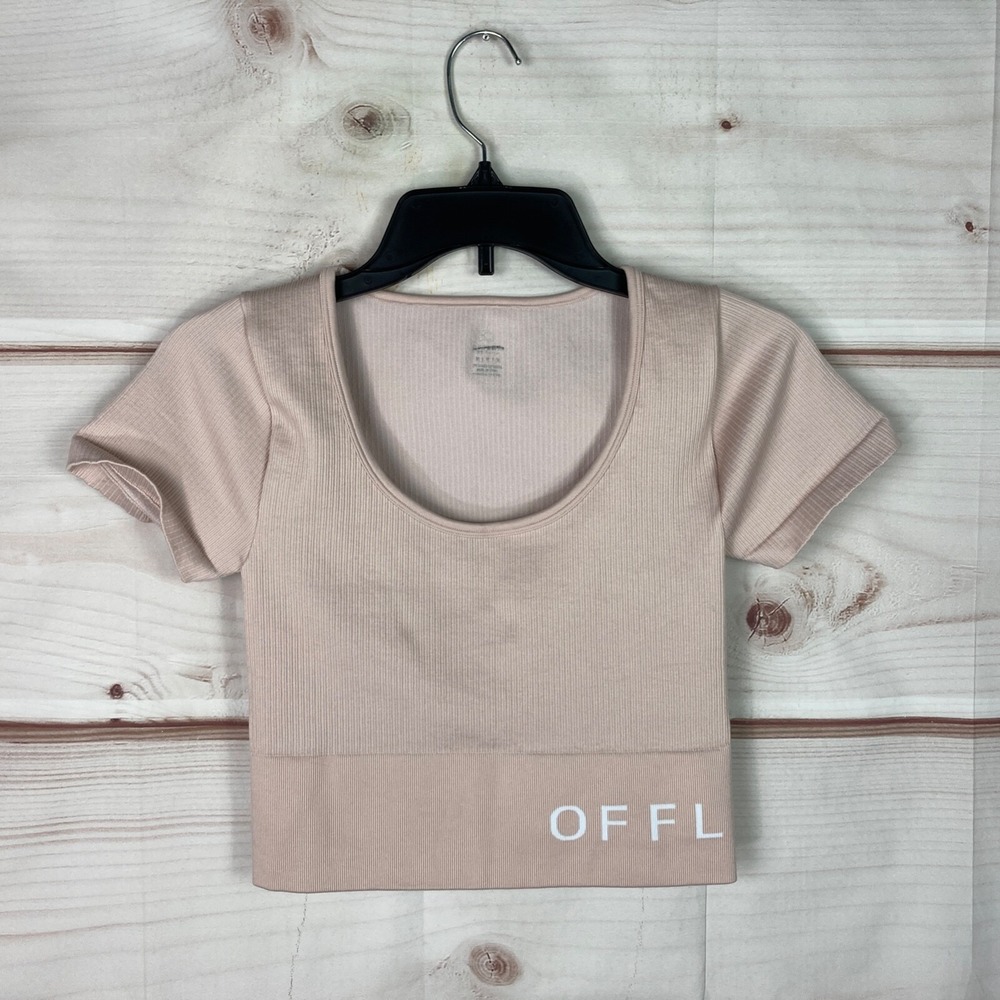 Aerie Top‎ Womens M Pink Offline Seamless Sidewalk Crop T-Shirt Rib Knit Solid